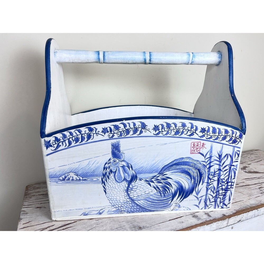Vintage Hand Painted Blue White Rooster Bamboo Asian Motif Magazine Handle Rack
